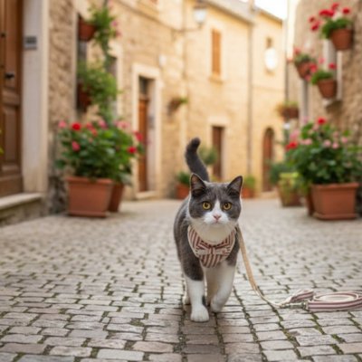 Chat gris blanc marchant avec harnais pour chat rayé rouge. 