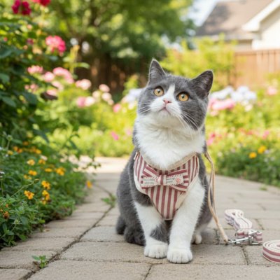 Chat gris blanc portant un harnais pour chat rouge.