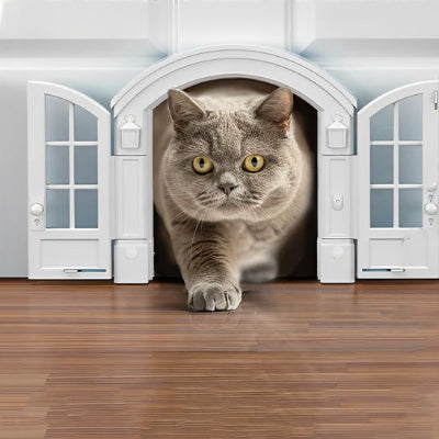 Chat gris britannique utilisant une Chatière intérieure décorative pour animaux.