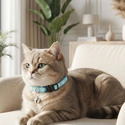 Chat gris collier pour chat bleu ciel clochette assis sur canapé.