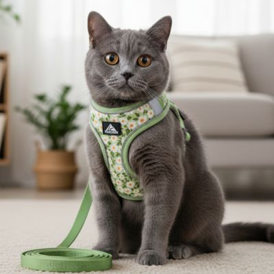 Chat gris en harnais chat vert floral et laisse au salon