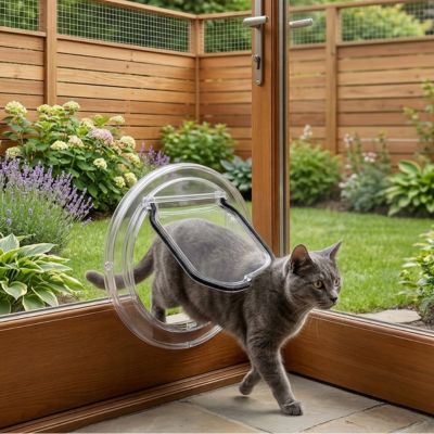 Chat gris sortant vers le jardin via chatière pour chat.
