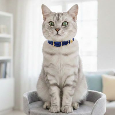 un chat assise sur un tapis avec collier pour chat floqué bleu  et femme qui lit un livre souriant