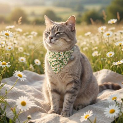 Chat gris tabby avec collier chat bandana fleuri dans un champ.