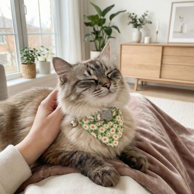 Chat heureux caressé collier bandana marguerite vert clochette intérieur lumineux.