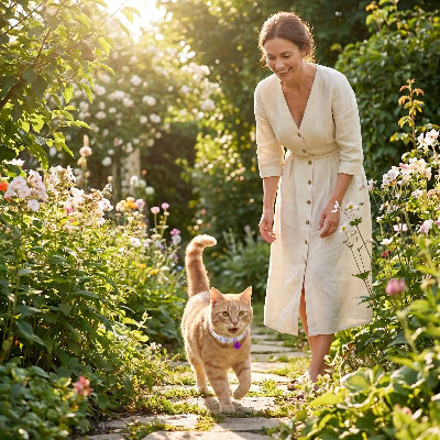 Chat joue dehors avec un collier chat lumineux violet.