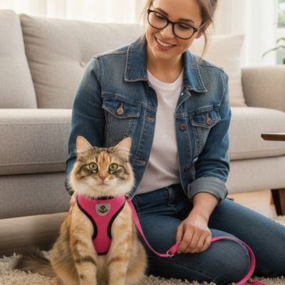 Chat moelleux avec harnais chat Anti-Fugue rose assis avec sa propriétaire.