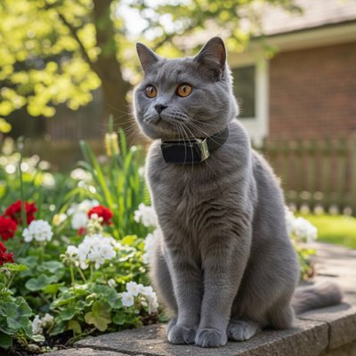 Chat noir aux yeux verts avec traceur GPS chat intelligent.
