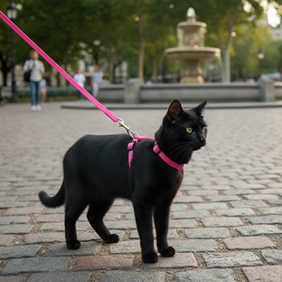Chat noir avec son harnais  pour chat rose dans un place touristique.