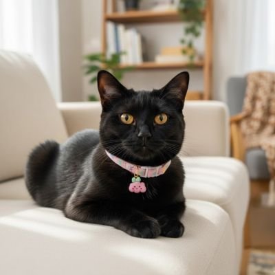 Chat noir avec un collier rose pendentif donut allongé sur canapé.
 