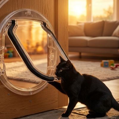 Chat noir devant une chatière pour chat en bois clair.
