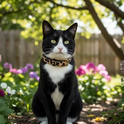 Chat noir et blanc avec collier chat assis dans parterre de fleurs.