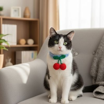Chat noir et blanc collier pour chat bleu tricote cerises assis au fauteuil salon.
