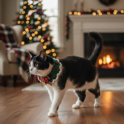Chat noir et blanc collier-chat Noel tricote marche dans salon décore.