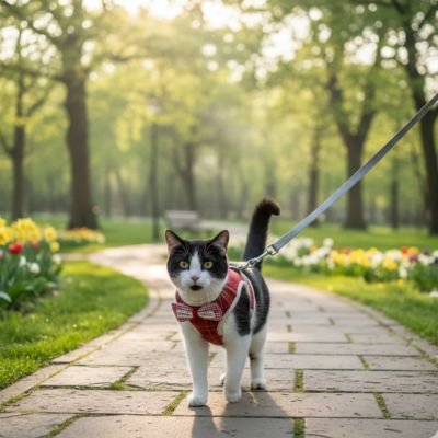 Chat noir et blanc en promenade avec son harnais chat rouge.