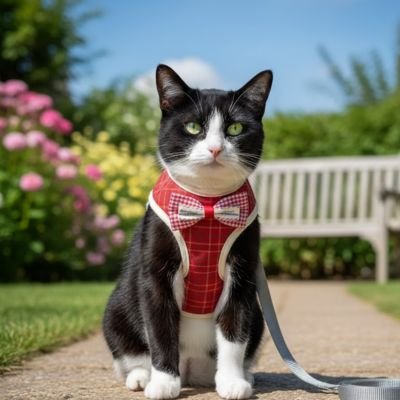 Chat noir et blanc portant un harnais chat rouge