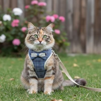 Chat portant son harnais chat bleu vichy