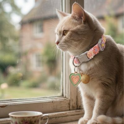 Chat portant un collier cœur regardant sereinement par la fenêtre.
