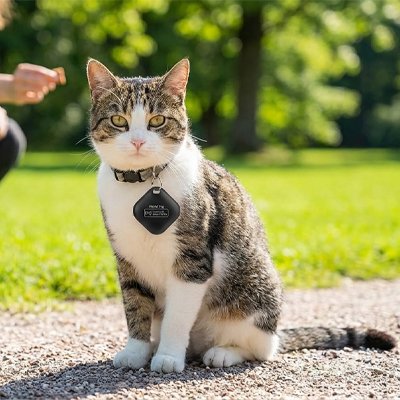 Chat raye avec Traceur-GPS-chat en plein air.
