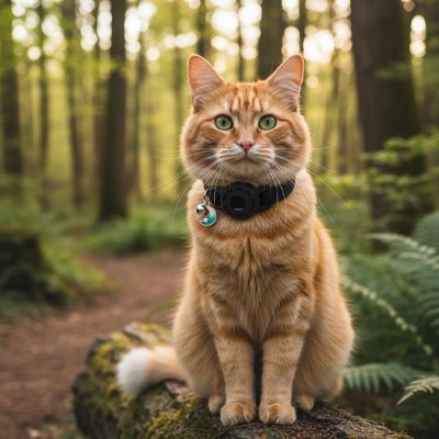 Chat roux assis portant un collier GPS chat noir