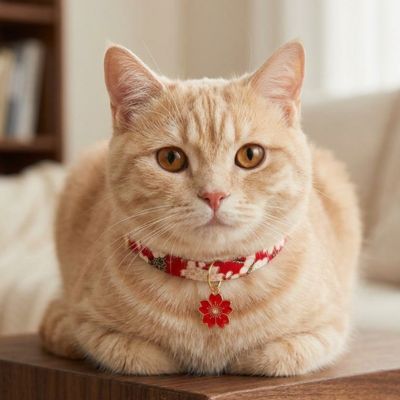 Chat roux assis portant un collier pour chaton rouge de style japonais.
