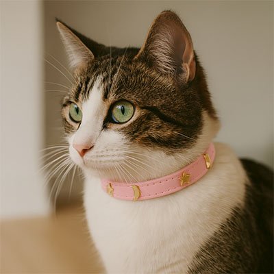 Chat roux au collier pour chat rose au salon