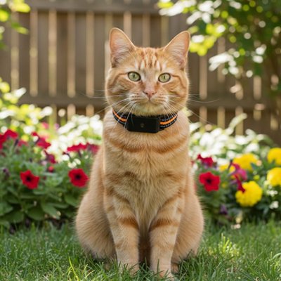 Chat roux avec collier GPS chat noir fleurs colorées jardin ensoleillé regard direct.
