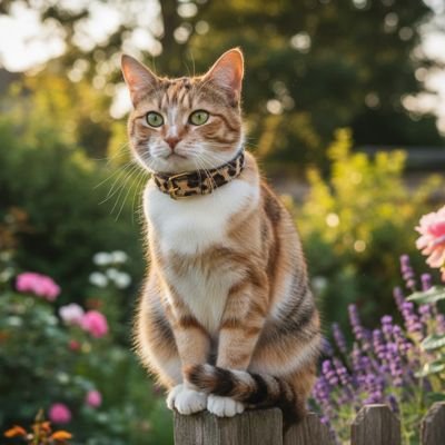 Chat roux avec collier chat assis sur clôture bois jardin.
