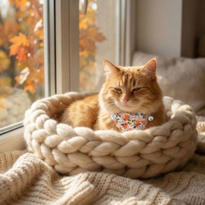 Chat-roux-avec-collier-chat-bandana floral clochette dans lit tricote.