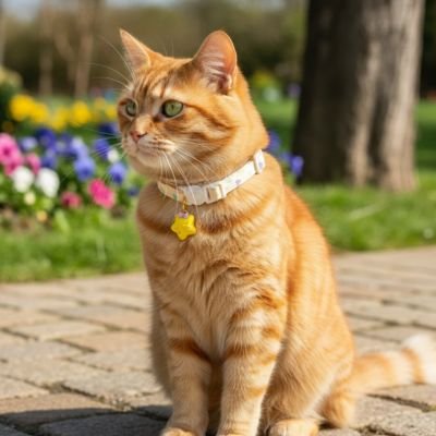 Chat roux avec collier chat blanc jaune assis sur un chemin fleuri.

