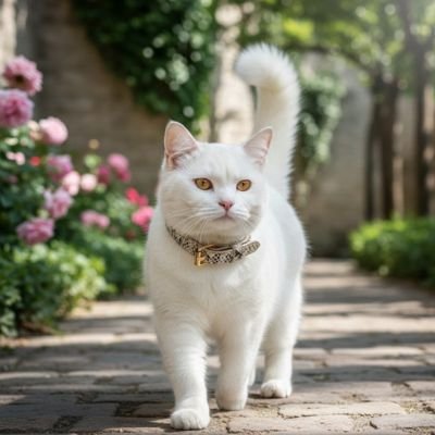 Chat roux avec collier chat noir marchant au jardin fleuri. 
