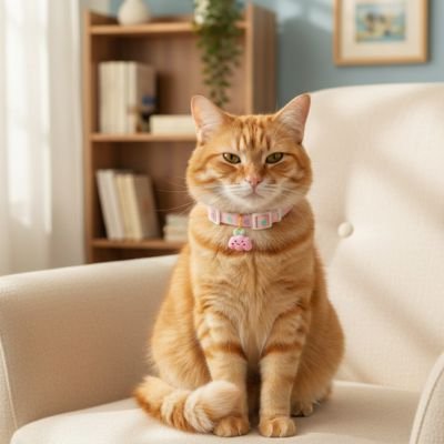 Chat roux avec collier chat rose pendentif donut assis sur fauteuil.