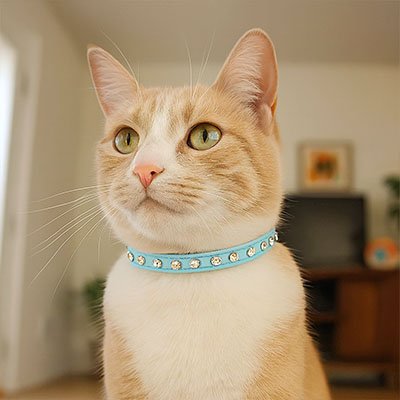 Chat roux avec collier pour chat bleu strass yeux vert attentif.
