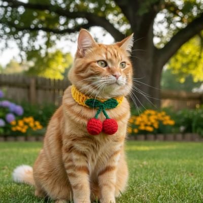 Chat roux avec collier pour chat  jaune avec cerises assis dans jardin.