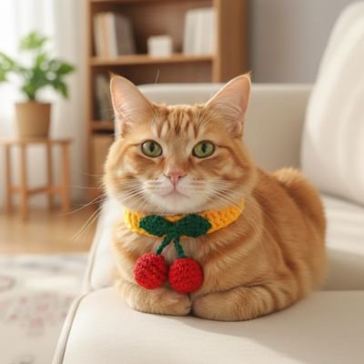 Chat roux avec collier pour chat jaune et cerises assis sur chaise.