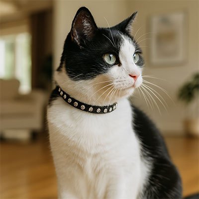 Chat roux avec collier pour chat noir strass yeux vert attentif.