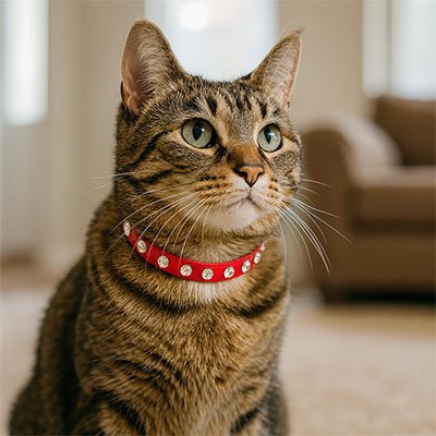 Chat roux avec collier pour chat rouge strass yeux vert attentif