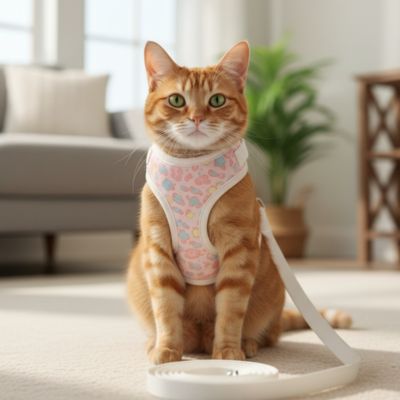 Chat roux avec harnais chat rose a motif et laisse blanche