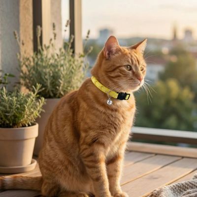 Chat roux collier pour chat jaune clochette assis sur balcon.