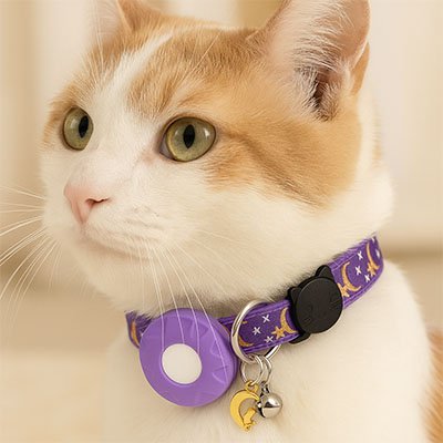 Chat roux curieux avec collier GPS chat violet étoiles.