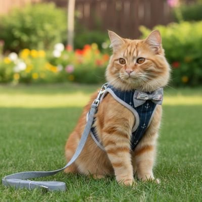 Chat roux dans l'herbe avec son harnais chat bleu marin.