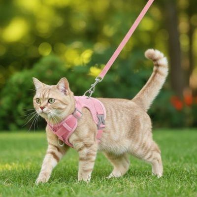 Chat roux dans la cour avec son harnais chat rose.