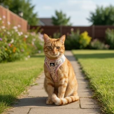 Chat roux dans un jardin avec son harnais chat rose fleuri.