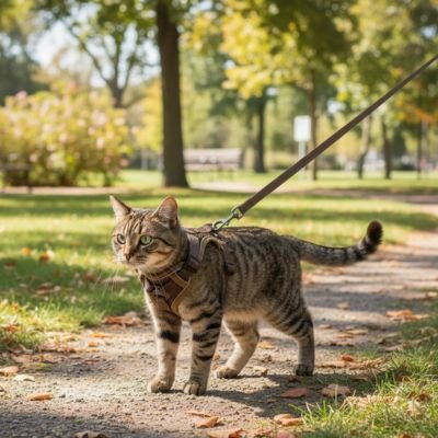 Chat roux dans un parc avec son harnais chat KaKi