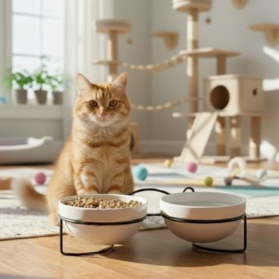 Chat roux derriére double gamelle sur support noir