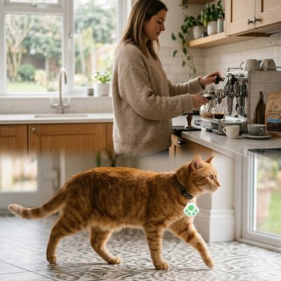 Chat roux en cuisine protégé par une puce GPS chat vert.
