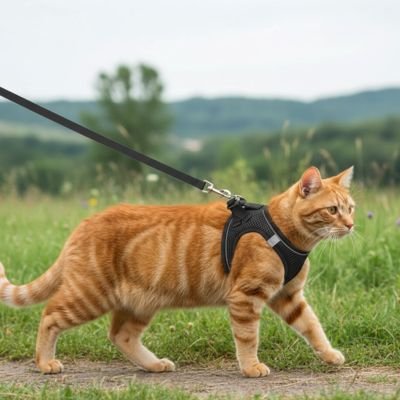 Chat roux en promenade dehors avec son harnais chat noir.
