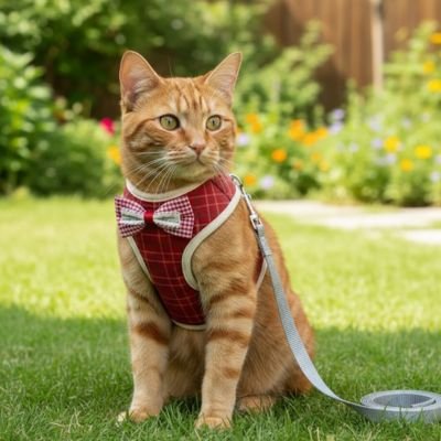 Chat roux et blanc posant au jardin avec harnais chat rouge.