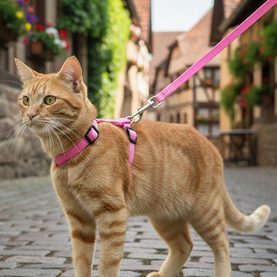 Chat roux explorant la ville avec son harnais chat rose