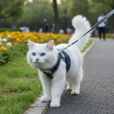 Chat roux marchant sur un chemin avec son harnais chat bleu marin.